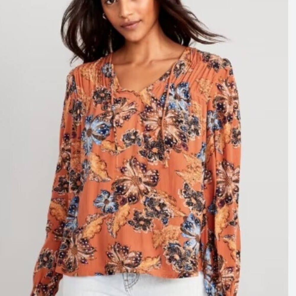 Old Navy Crinkled Smocked Poet Swing Blouse Floral Peasant Boho New Size Medium